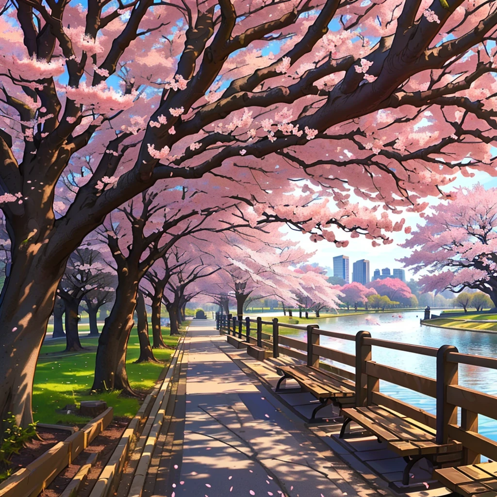 a bench stands by the water under the tree, Cherry blossom trees, city of spring season, Sakura trees, cherry trees, A blossoming path to paradise, Cherry tree, Cherry blossom trees, Cherry blossom season, lush Sakura trees, Cherry blossom tree, City park with flowers, perfect spring day with, Breathtakingly beautiful trees