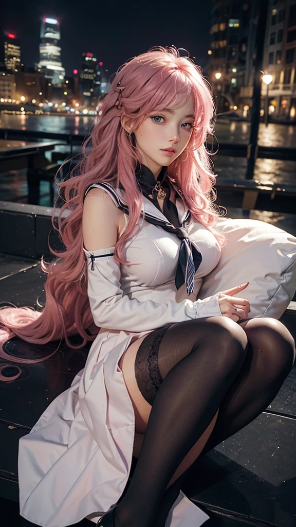 masterpiece, best quality, night, full_moon, city View, realistic, photo, real, huge_File size, wallpaper, Album, girl, Long hair, Pink Hair, Messy hair, curls, Beautiful and delicate eyes, A faint smile, blue eyes, Medium breasts, Sailor Suit, a, mini skirt, Black pantyhose, Loafers, shackles, fingerless_Gloves, collar, lock up_Pillow Head, Nipple twisting_Thigh high,