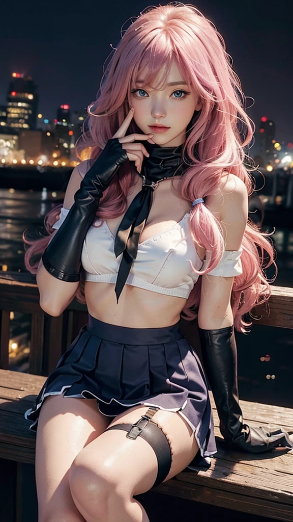 masterpiece, best quality, night, full_moon, city View, realistic, photo, real, huge_File size, wallpaper, Album, girl, Long hair, Pink Hair, Messy hair, curls, Beautiful and delicate eyes, A faint smile, blue eyes, Medium breasts, Sailor Suit, a, mini skirt, Black pantyhose, Loafers, shackles, fingerless_Gloves, collar, lock up_Pillow Head, Nipple twisting_Thigh high,