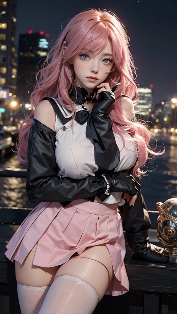 masterpiece, best quality, night, full_moon, city View, realistic, photo, real, huge_File size, wallpaper, Album, girl, Long hair, Pink Hair, Messy hair, curls, Beautiful and delicate eyes, A faint smile, blue eyes, Medium breasts, Sailor Suit, a, mini skirt, Black pantyhose, Loafers, shackles, fingerless_Gloves, collar, lock up_Pillow Head, Nipple twisting_Thigh high,