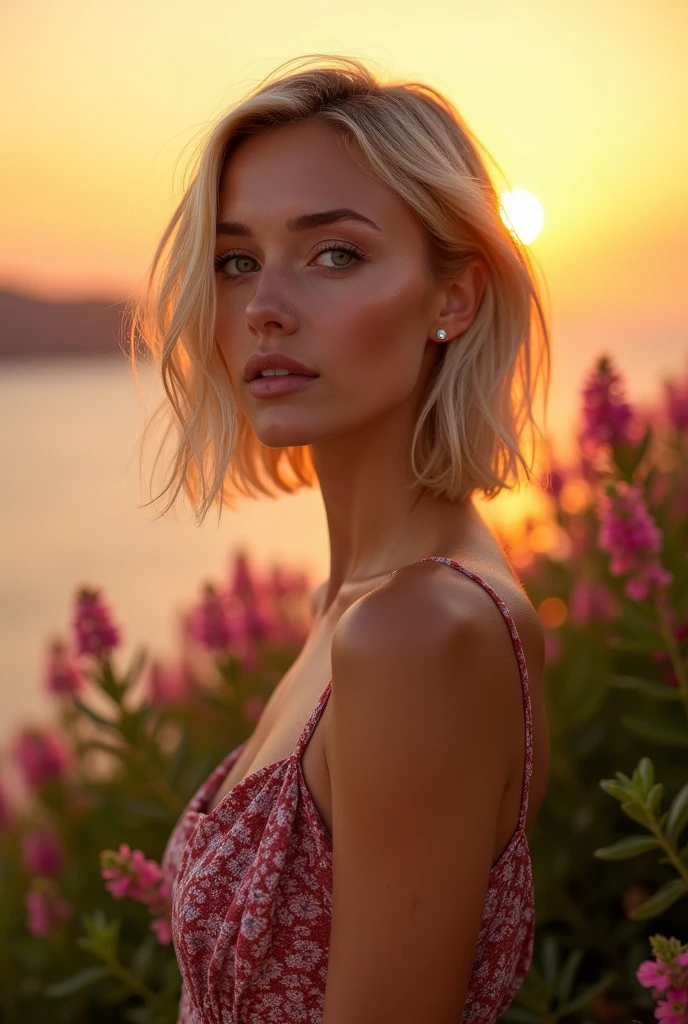 western, flower_dress, hot girl, santorini, greece, looking at sunset, makeup, (masterpiece), best quality, high resolution, extremely detailed, blurred background, depth of field, cinematic lighting. Russian women big pumped lips red lipstick super big fake lips bob cut hairstyle blonde hair big green eyes forehead is slightly arched, giving my face a distinctive shape. It flows seamlessly into my high, defined eyebrows. The bridge of my nose is straight and symmetrical, leading up to a pointed tip. My nostrils are small and delicate, adding character without being overwhelming. My cheekbones are prominent, highlighting my large, round eyes even further. My jawline is strong and defined, giving my face a masculine edge despite its feminine features. My neck is long and graceful, flowing effortlessly into my shoulders. flower garden , big fake lips big size lip big pumped lips red lipstick cleavage sweat in forhead