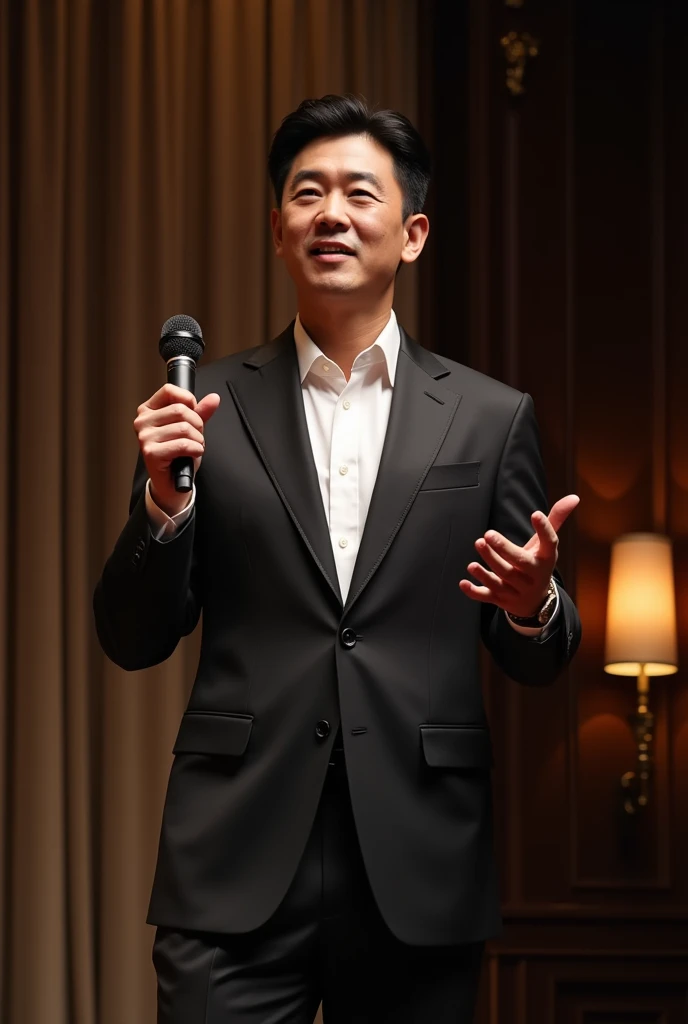 a Korean gentleman handsome 30s, is wearing a suit, holding 1 microphone, giving out a speech on stage,16:9, hperrealistic,naked 