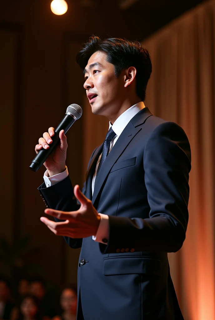 a Korean gentleman handsome 30s, is wearing a suit, holding 1 microphone, giving out a speech on stage,16:9, hperrealistic,naked