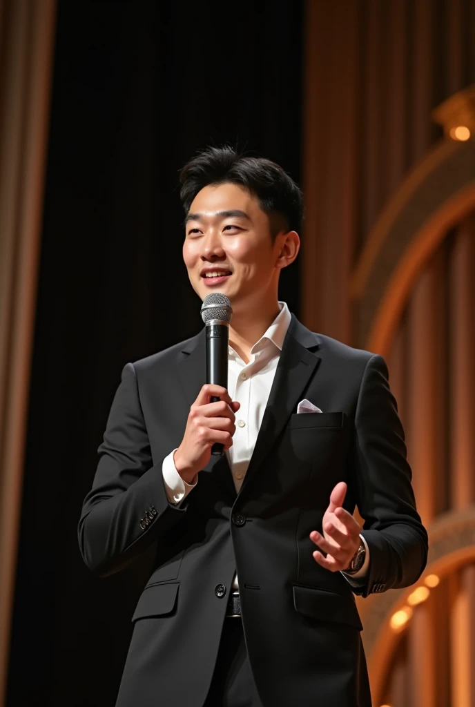 a Korean gentleman handsome 30s, is wearing a suit, holding 1 microphone, giving out a speech on stage,16:9, hperrealistic,naked