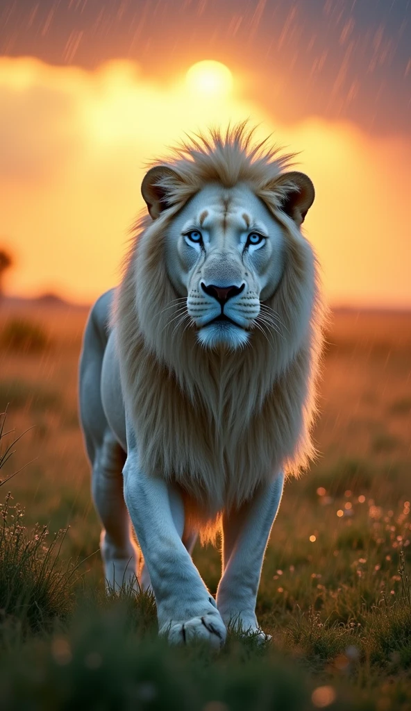 Create an ultra realistic 8k image of a white lion with blue eyes, Strong and beautiful, at sunrise and raining
