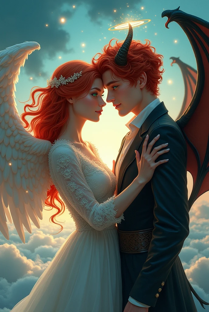 A red-haired angel with blue eyes and a handsome red-haired demon with green eyes, and they are siblings.