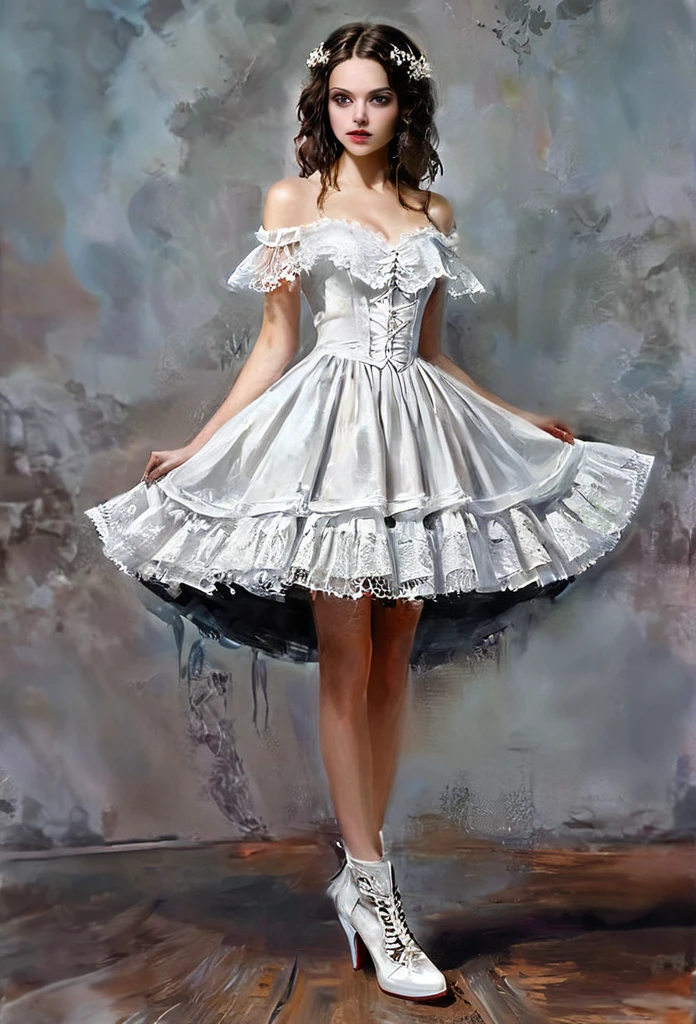 ((best quality)), ((masterpiece)), (detailed), 1girl, off-shoulder, Character design, female, dynamic poses, long white grey hair, grey white eyes, very skinny, detailed, best quality, no accesoires around the neck, no shoes, prominent collarbones, skinny arms, flat stomach, visible hip bones, full body, blank white background, plain background, white background, red and white clothing, Bloodborne inspired, occult aesthetic, occult, detailed and intricate steampunk and detailed gothic, NSFW, Very dramatic and cinematic lighting, cosmic horror, grim-dark, side-lighting, perfect face, NSFW, Fluttering lace flared long knee length dress with frilly petticoats, knee length dress, pleated petticoats, petticoats gothic, complex lace boots, side-lighting, gothic ta aesthetic, wielding a mighty sword with mechanical components, mandalas, small breasts, a fairy, various different types of insect wings, NSFW, full body, whole body, body, plain background, white background, blank background, no background, white background NSFW, chains, full body, whole body, head-to-toe NSFW, oil painting