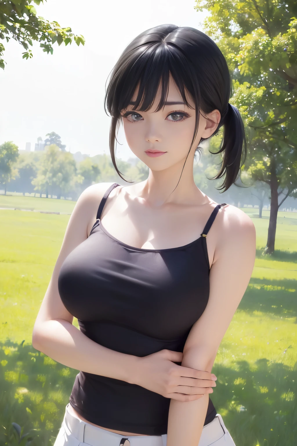 masterpiece，High resolution，Highest quality，In the grassland, (Portrait), Upper body photo, Cute Face，((Facing forward))、Black Hair、((Shooting from the front:1.5)), ((Tight camisole:1.5)), ((Big Breasts:1.5)), See-through nipples