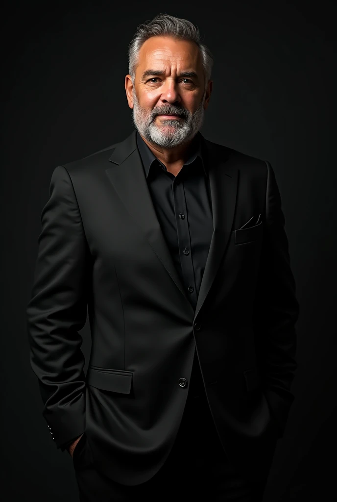 A man with a thick beard in his forties and thinning hair on the top of his head, wearing a black suit and a black shirt. A realistic, high-quality image. ( masterpiece,black background :1.5) , 8k , (atmospheric depth:1.2) , (vivid illuminlation:1.2) , (enchanting elegance:1.2) , portrait ,