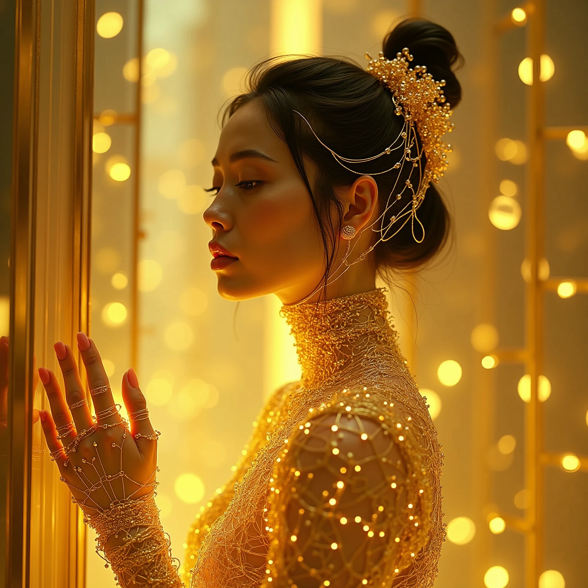 the futuristic woman is wrapped in wire, making the image more futuristic, in the style of light yellow and gold, canon eos 5d mark iv, cyberpunk futurism, contemporary asian art, symmetrical figures, futuristic contraptions, realistic still lifes with dramatic lighting