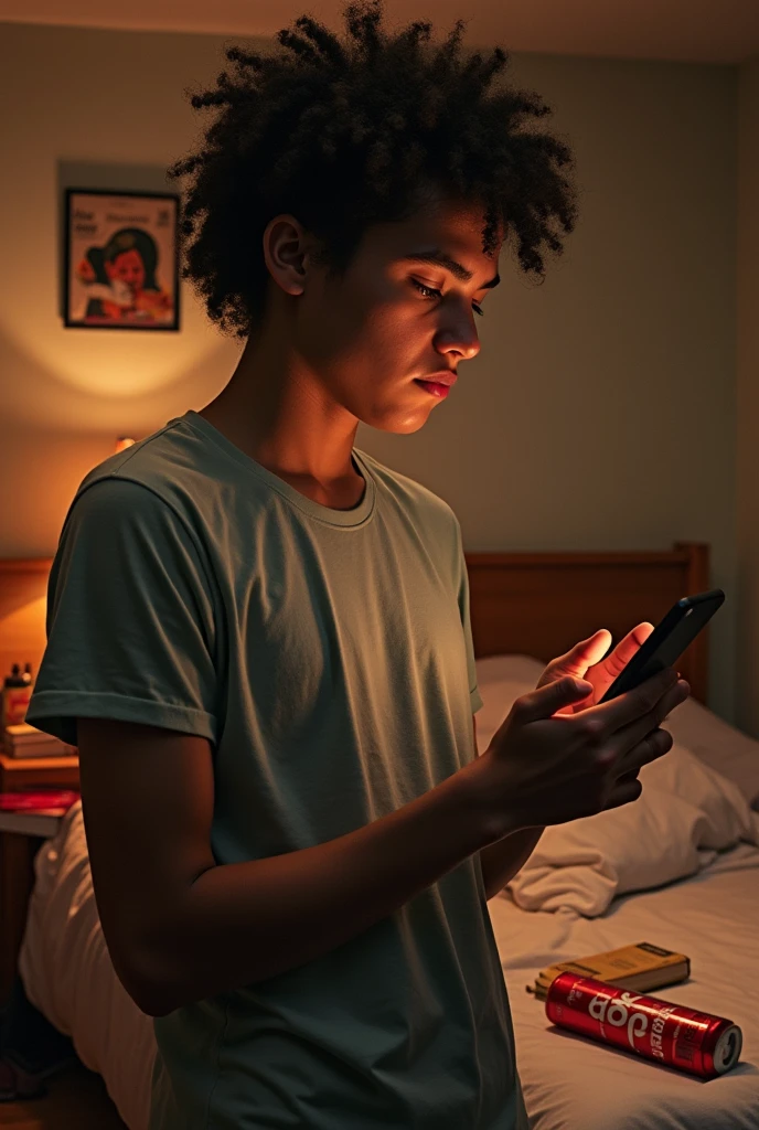 Create a young person who has problems with sedentary lifestyle and back problems, with deep-set eyes and a cell phone in their hand.