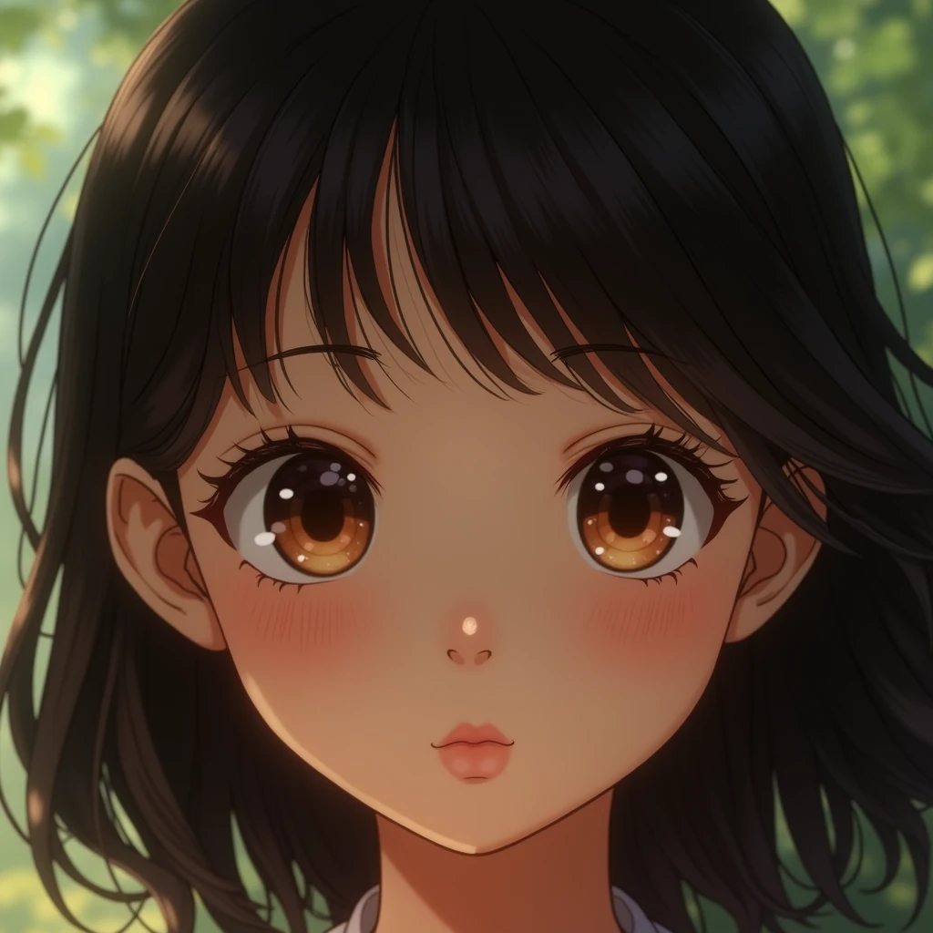 The frontal face of a girl with dark thick hair ,tanned ,Brown almond eyes ,highly realistic ,lightly made up ,Detailed and high-resolution photo , Format 16:9 ,Closed mouth ,Nature background ,Time is afternoon