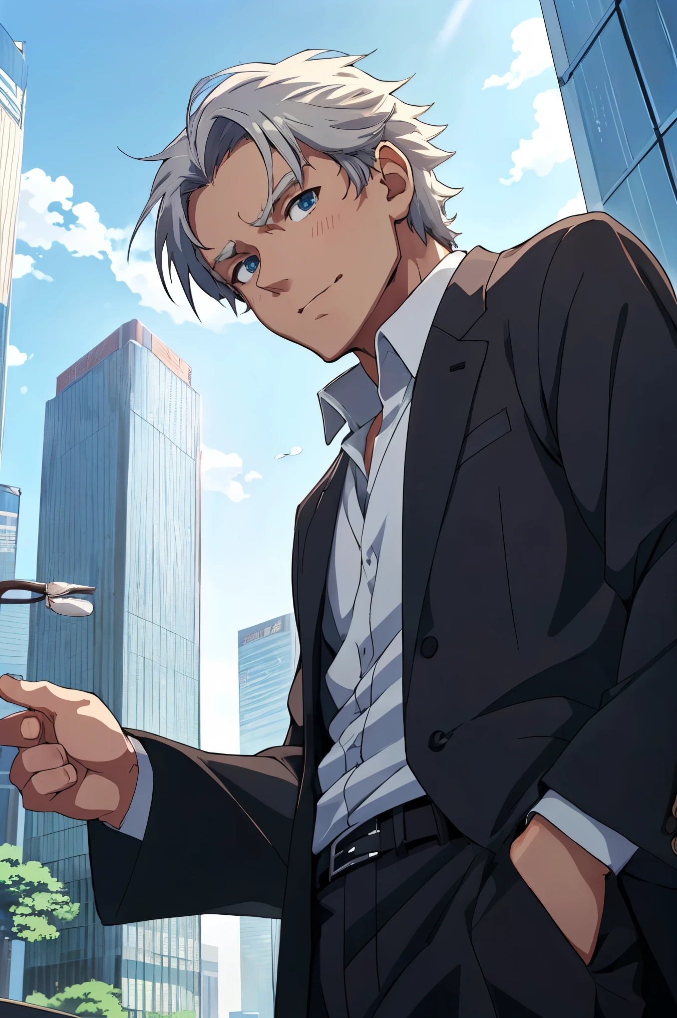 (((masterpiece、Anime Style、high resolution、high quality、Delicate、Ultra-high resolution、８ｋ)))Japanese men、６５age、Gray Hair、elder、Wrinkles、Black suit、WhiteＹshirt、accessories、Tokyo、skyscraper、outside