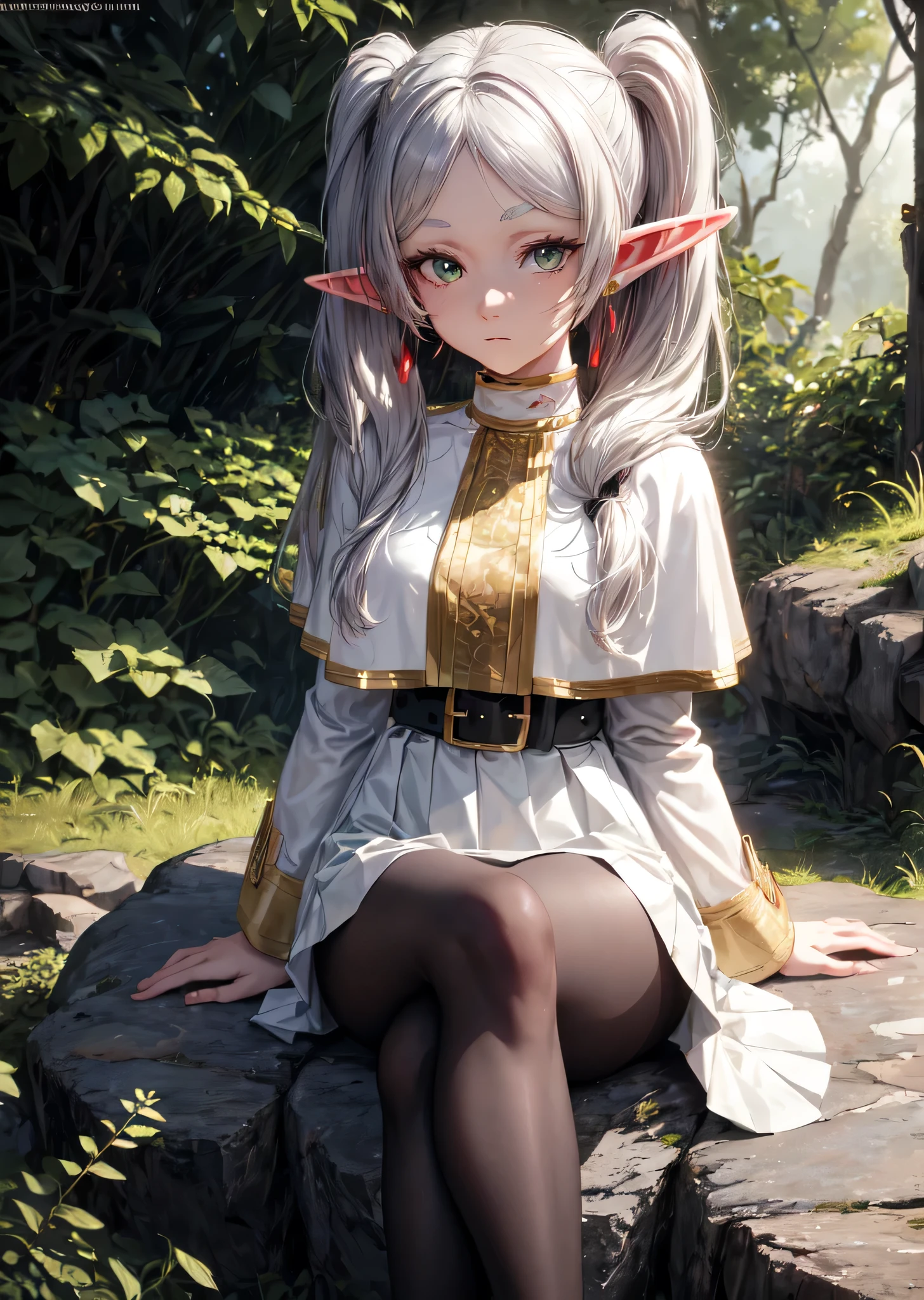 [FrierenBase], [Frieren], ((masterpiece)), ((HD)), ((High Res)), ((solo)), ((front view)), ((waist up)) ((detailed shading)), ((intricate details)), {(slim  figure), (smooth skin), (long white hair), (twintails), (elf ears), (curvy hips), (defined legs), (blank expression)}, {(red crystal earrings), (white capelet), (striped shirt), (horizontal stripes), (long sleeves), (black belt), (white skirt), (gold-trim on skirt), (black pantyhose)}, {(sitting on rock), (crossed legs), (hands in lap), (looking at viewer)}, [ambient lighting, outdoors, forest, sun rays]