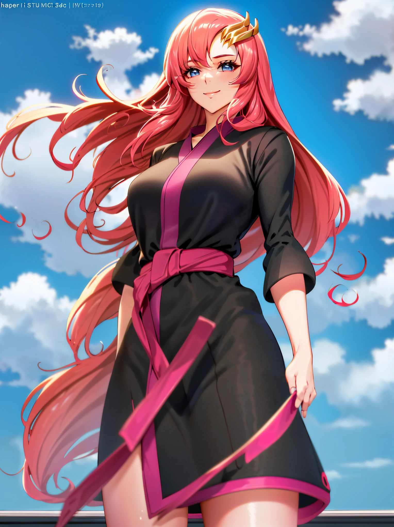 lacus4, (thin girl, masterpiece, cowboy shot, 4K, Best Quality, Anime style: 1.9, happy, tall woman, Adult Woman, (Crowd, cloud background), Drawing lines, high resolution, lacus4), 1girl, Solo, curvy figure, clavicle, scapular, (slim arms), large hands, (Detailed wide hair bangs, Hair Ornament, Detailed reddish-pink hair, shiny streaks, slim arms, detailed golden crest, long hair). (Big blue eyes, shiny eyes), ((female wrestler, (slim body), slim arms, closed fists)), ((perfect proportions)), ((black long abaya, black long abaya)), smile with a wink, (standing, hot colors), detailed fingers,