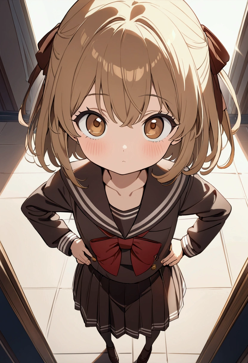 (((masterpiece, Very detailed))), Anime Style, (8k、Highest quality、masterpiece:1.2)、1 person、((ribbon、Little、5age、whole body、Big eyes、A navy or brown sailor uniform、View from the front、Looking into the camera、Stand with hands on hips))、Incredibly cute、Frontal angle of view
