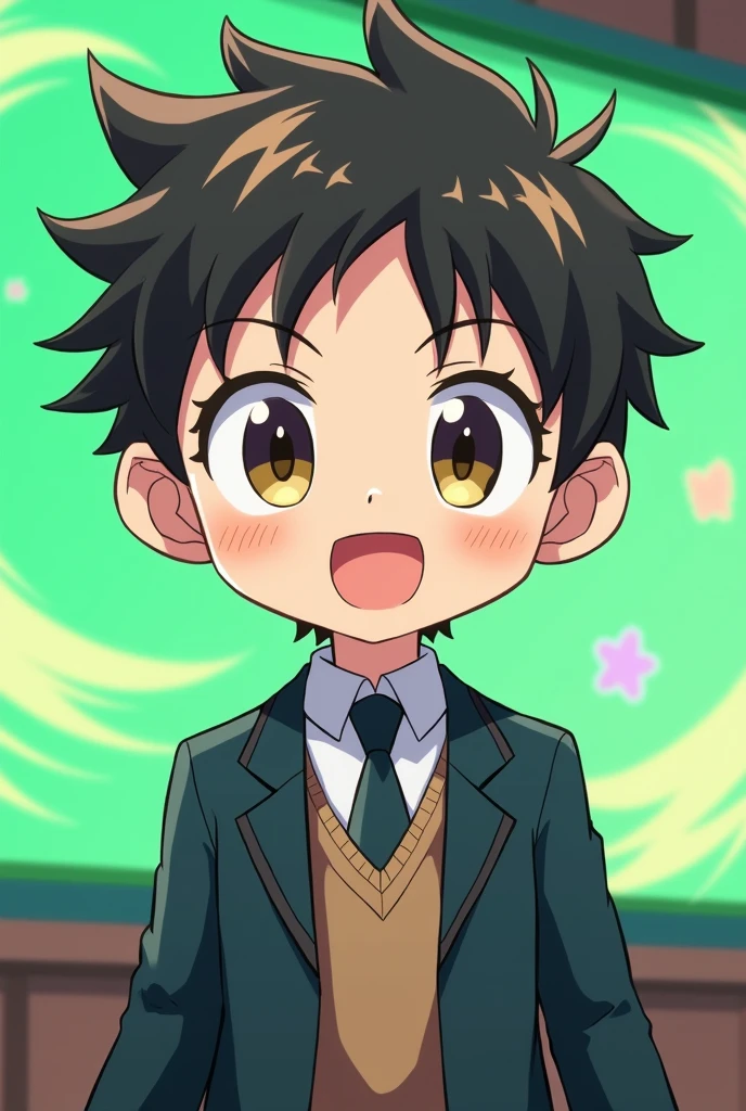 anime,Man, chibi,wearing a high school uniform, being happy ,green screen behind