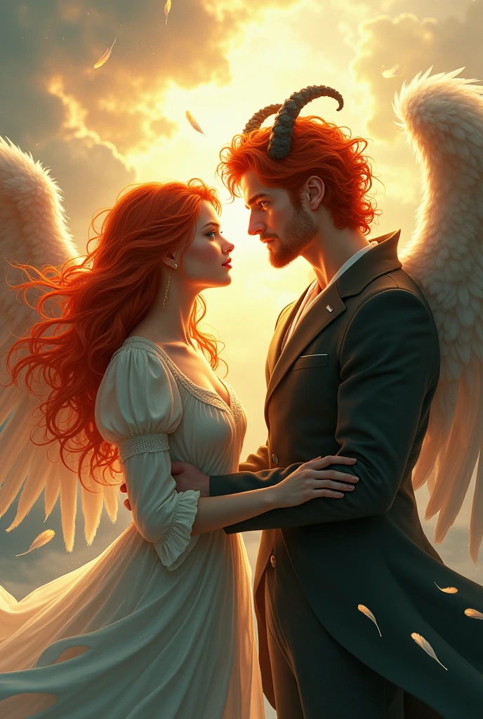 A red-haired angel with blue eyes and a handsome red-haired demon with green eyes, and they are siblings.