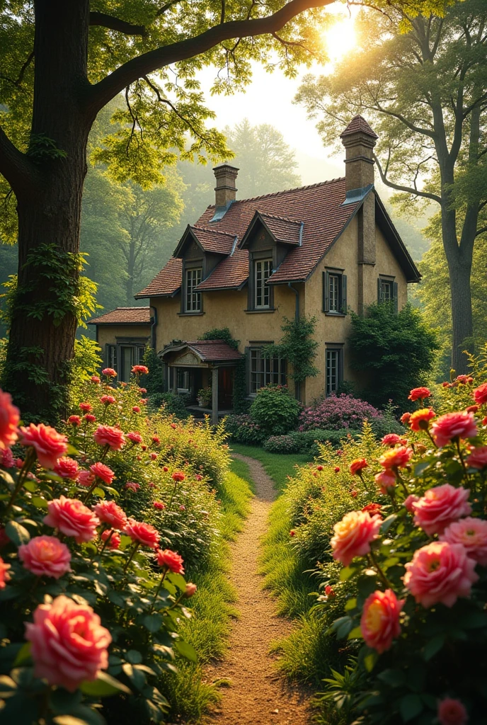 A classic European house with large roses garden and forest garden