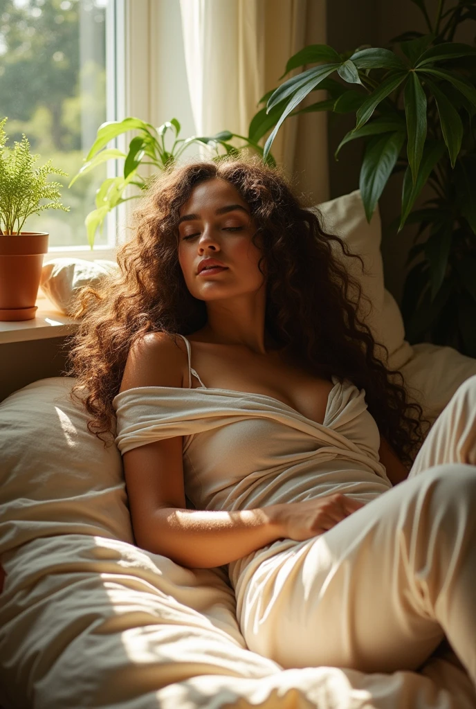 (photorealism:1.2), beautiful woman, sitting on bed, wearing loose off-shoulder top, pajama pants, long curly hair, indoors, soft lighting, plants in background, window with sunlight, cozy room, relaxed pose, realistic, intricate details, warm colors, by Greg Rutkowski, by Alphonse Mucha