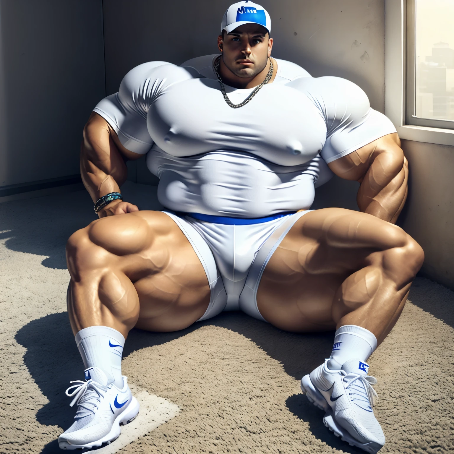full body, a young chubby fat white european handsome guy with short clean shaved undercut haircut, wearing metallic-blue shiny rubber shirt, white Nike lycra shorts, long white high soccer socks, white Nike vapormax sneakers, white Nike cap, silver chunky chains, bracelets, rings, lying on the floor, arrogantly looking at us, pointing his feet, in a sparsely furnished and dirty room