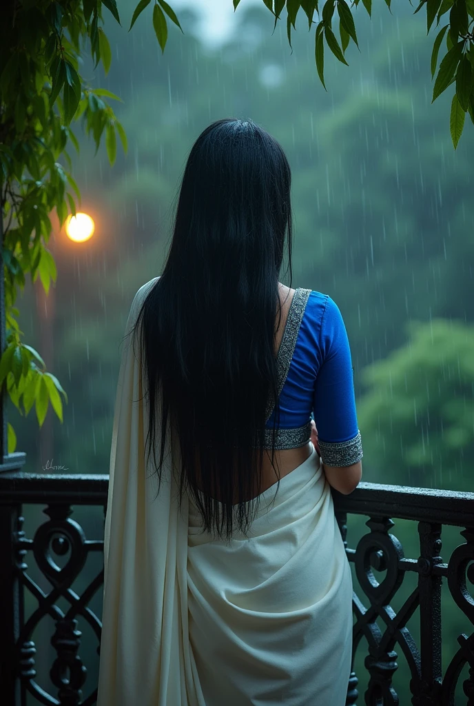 **"Create a illutrastive or digital painting of a serene scene where a woman stands on a balcony in the rain. She is dressed in a traditional white saree with a blue blouse, and her long black hair is wet from the rain. The balcony has ornate wrought-iron railings, and behind her, strings of leaves hang, slightly wet from the downpour. A dim light glows softly in the background, adding to the melancholic yet peaceful atmosphere of the night. The overall color palette is muted and dark, with emphasis on the contrast between the woman's white saree and the dark rainy night."**
