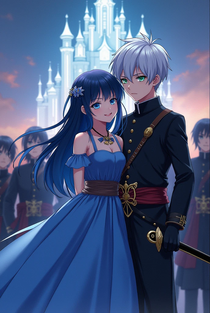 An Assassin falls in love with a princess in the manga, the Assassin has short white hair with green eyes, the suit is black and the princess has blue-black hair with bangs and light blue eyes with a castle background with letters that say the legacy of the Queens and the rest of the Assassin characters posing and the princess and the Assassin posing for photos and the princess wearing a blue dress and a happy smile and the Assassin has a katana