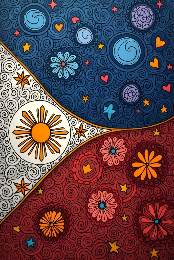 Create me an simple zentangle art with Philippine flag on it and different pattern in zentangle art and also depicts the love of pilipino in Arts make it zentangle pattern