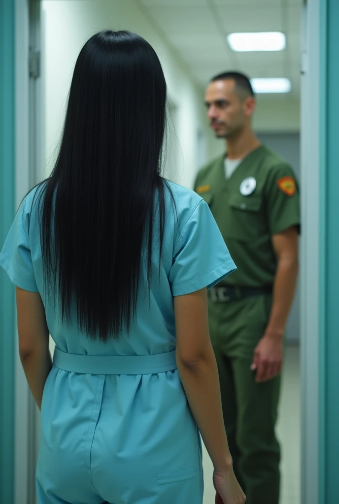 A girl, tanned skin, long hair black hair,hanging over her chest, wearing a sky colour OT dress of doctors, standing Infront of a mirror,the room looks dreamy,a military man wearing olive colour uniform,clean shaved ,enter the room by opening the door, long hair upto waist,ot dress long pant and shirt,sky colour, hair long , hair open