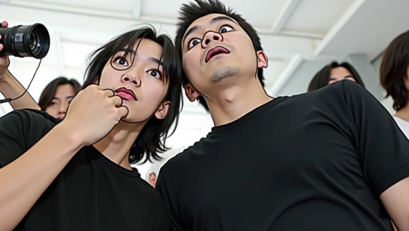 Two men are taking pictures inside the building.。, tetsuo hara and katsuhiro otomo, Jiro Matsumoto and Yusuke Murata, Katsuhiro and Inio Asano, Zane Chin and Katsuya Terada, Tateto Kubo、Takashi Murakami, Shinji Higuchi and Tomoki Kyoda