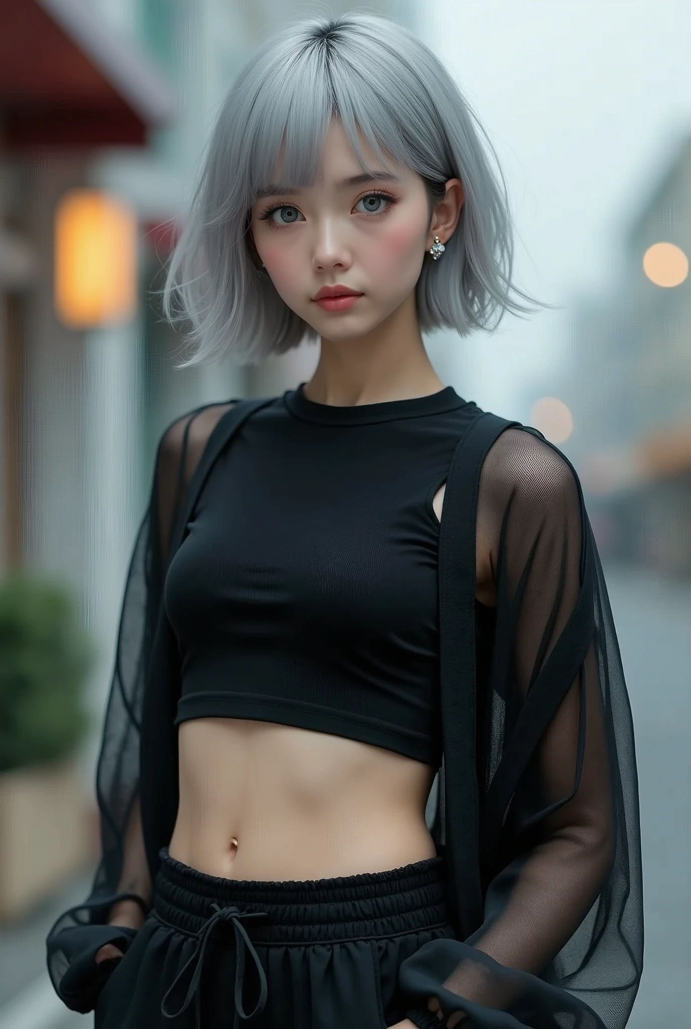 (8k, Photorealistic, Raw photo, Highest quality: 1.4),Japanese idol-style beautiful girl,model,1 person,18-year-old,(Short Bob),(Silver Hair :1.2),She has her hair tucked behind her ears,Clear grey eyes,Long eyelashes,(piercings(small)),(Lip gloss),lips(Plump,glossy),thin long neck,(Micro T-shirt((Skin-tight),(Black),(Short length that reveals the navel))),(Jacket((Black),(Sheer),(Mesh))Layered),(Wide leg pants((Sweat fabric),(Length that covers the instep))),pumps,Full body portrait