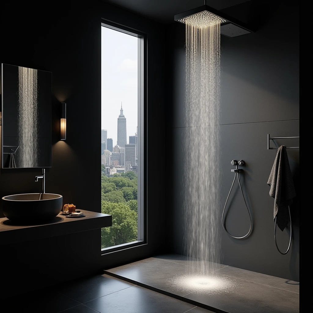 Imagine a beautiful large shower head on the shower but the bathroom should be beautiful with a few flowers. breast. Beautiful stones just look very modern, but in a black tone and a view of the city would also be good 