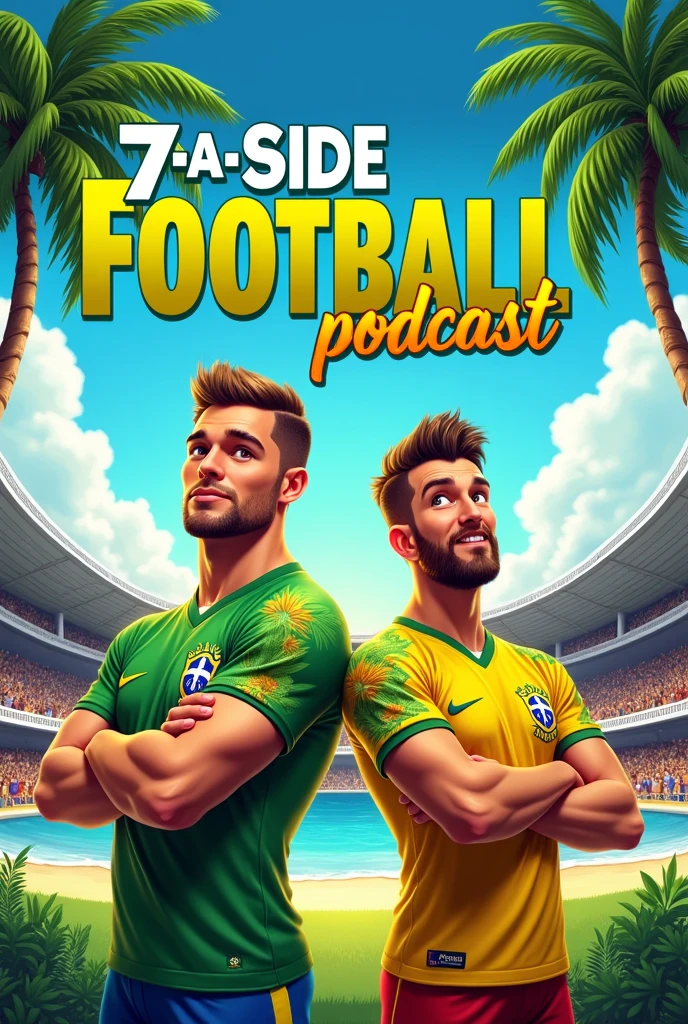 Create a cover art for a 7-a-side football podcast for 2 people in a Brazilian style