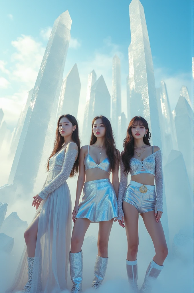 I'm taking photos for a new concept album. Create a concept photo of a girl group posing next to giant sparkling transparent white crystals 