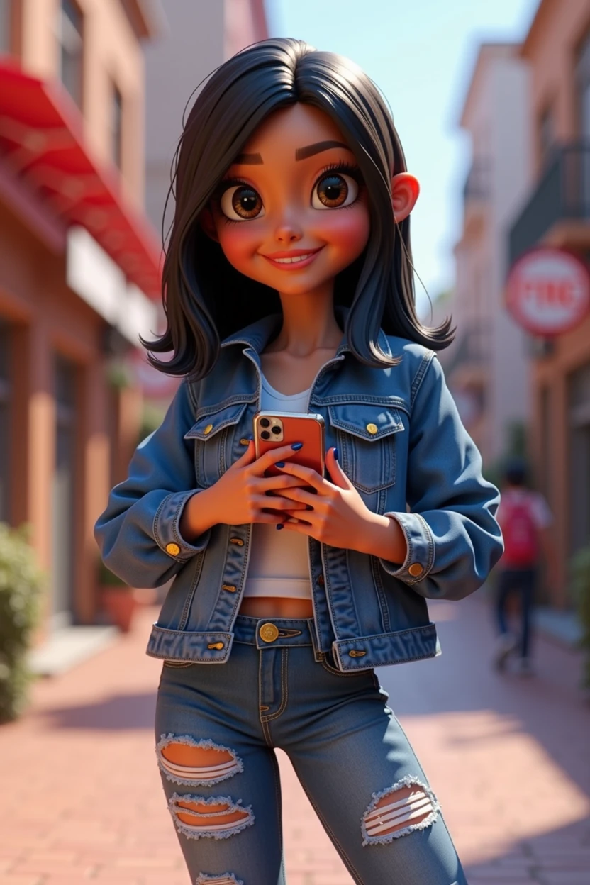 3D character from Disney animation, Pixar style, full body, smiling, brown eyes with beautiful eyelashes, the glamorous one, shoulder-length straight black hair, denim clothes, jacket, black tennis shoes, clean bottom. cinematic lighting, ray tracing, high details, 3D rendering with hands on waist and holding an iPhone
