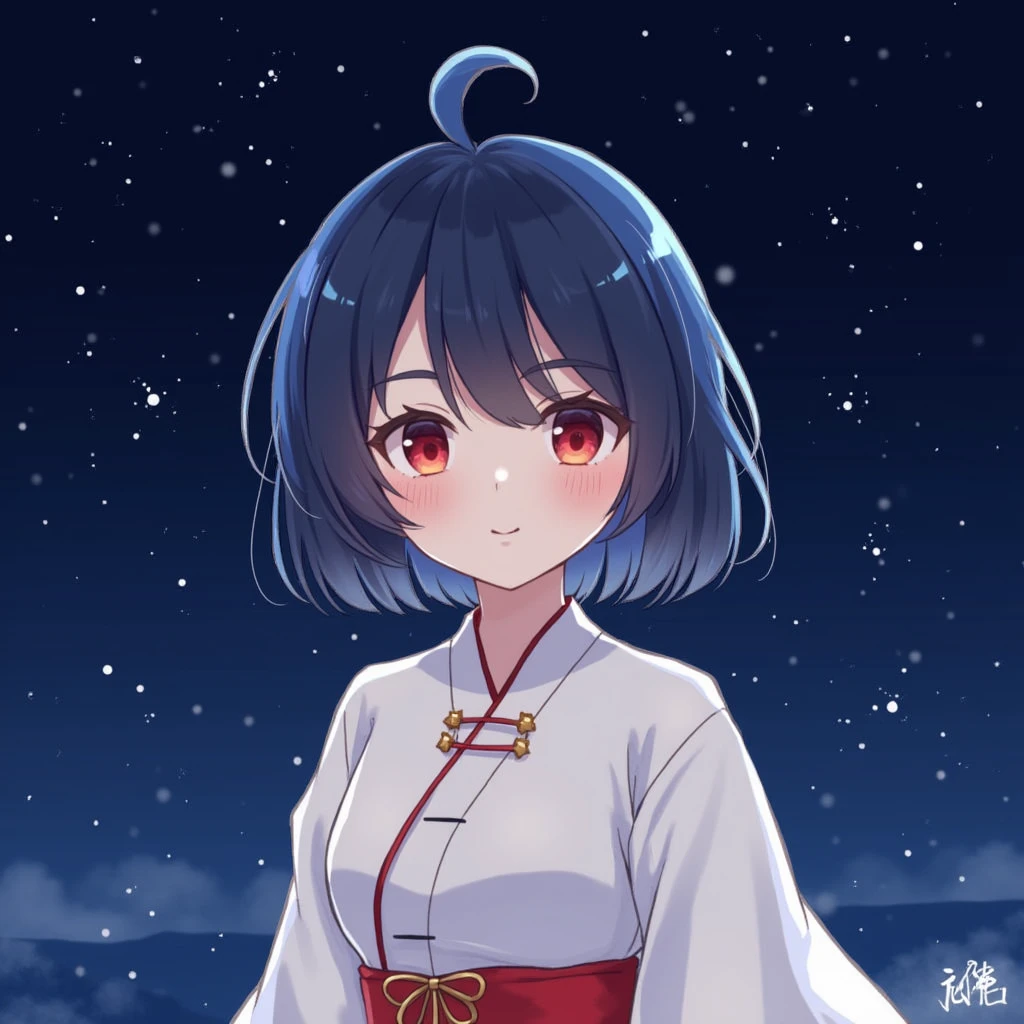 One person, short hairstyle, navy blue hair, red eyes, Chinese clothing, illustration, night, starry sky