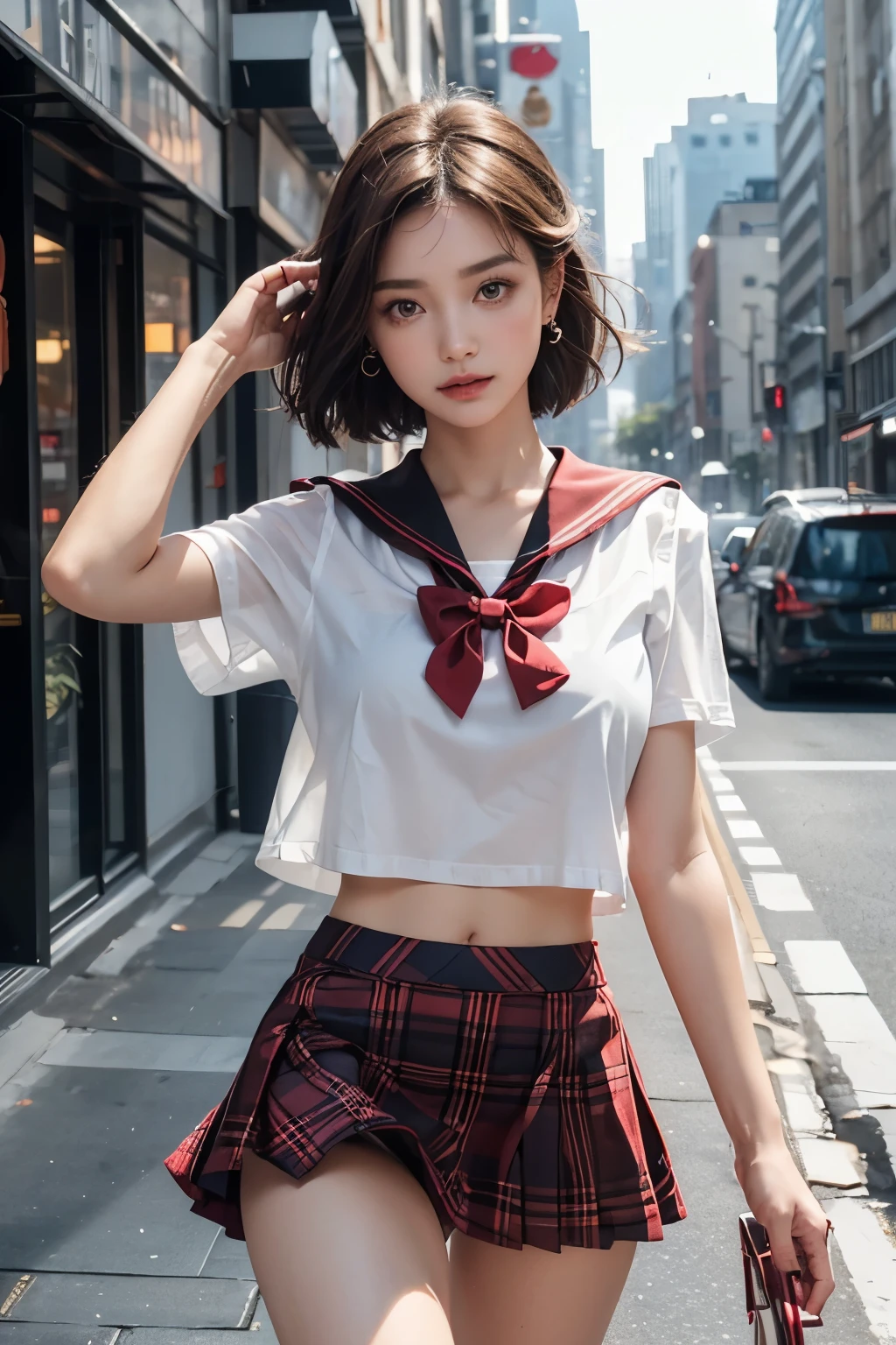 Ultra-high resolution,(reality: 1.4),Highest quality, masterpiece, Attention to detail, 16K quality, 1 beautiful girl,super beautiful face,Baby Face,Cute Face,Highly detailed face,Detailed hands,Beautiful skin,Cute Idol,Professional Lighting,short hair, brown beautiful eyes,((Sailor uniform with beautiful delicate lines)),Red bow tie,(A super mini skirt in red and black tartan check.),Are standing,A gust of wind ped my skirt up and I had to hold it down with my hands,(((Showing pant((White panties)),Bl breasts,Walking inty,Blur the background、A bra that is see-through with sweat、Earrings
