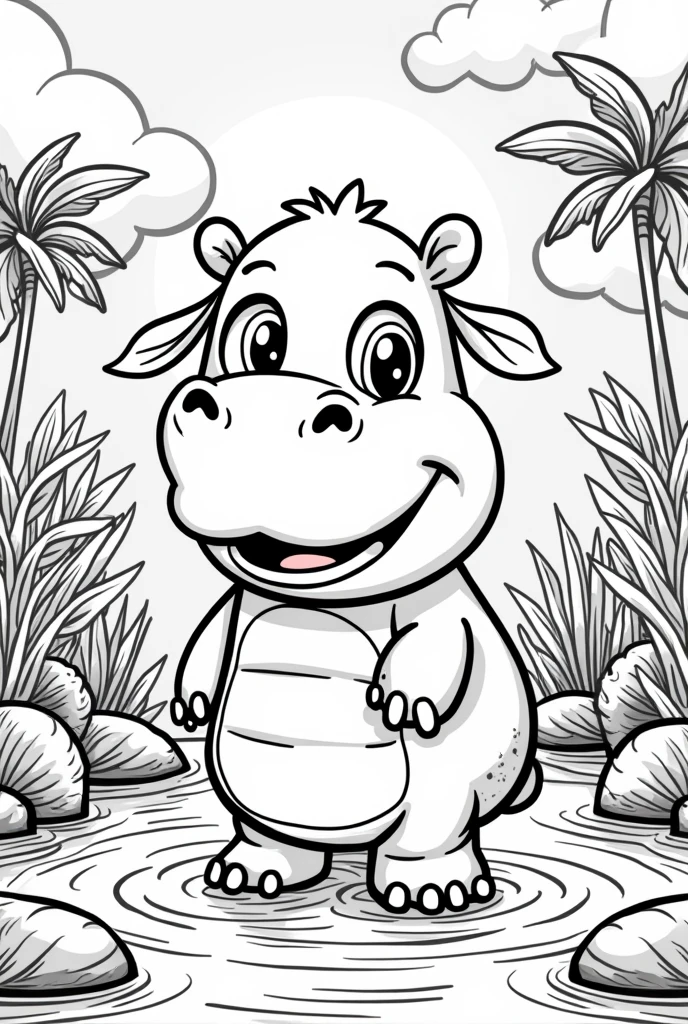 give the picture so that it is in the coloring book of an Hippopotamus animal