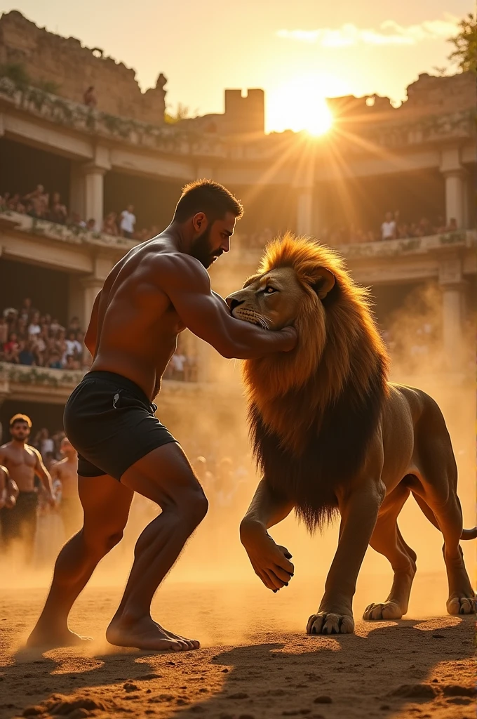 A strongest man fighting against lion
