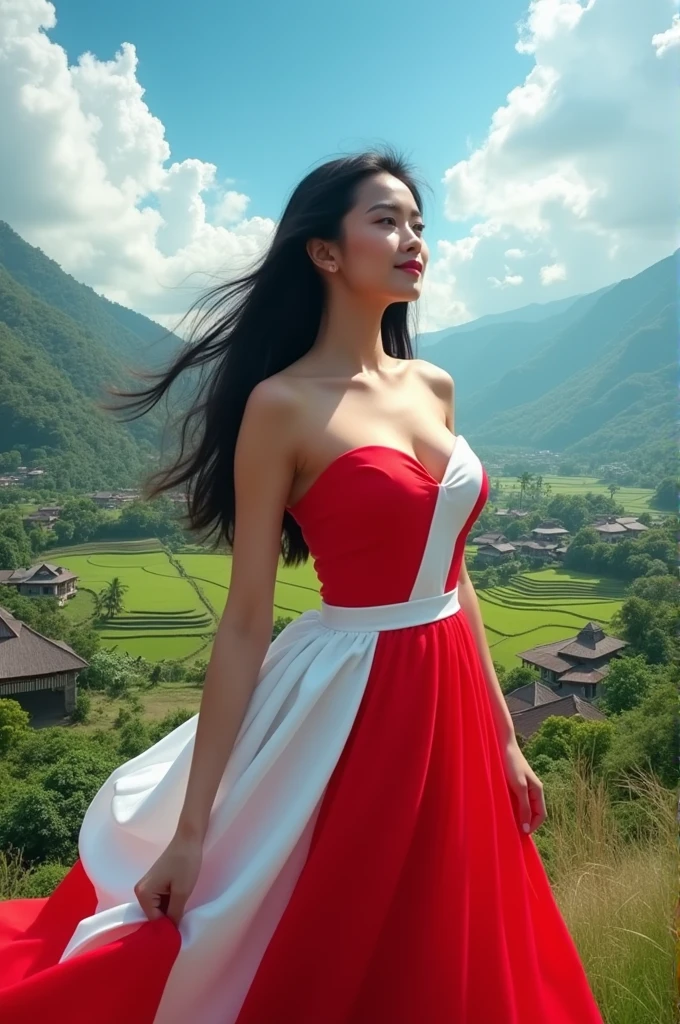 a beautiful woman with black hair, big breasts, wearing a red and white dress, the background of independent Indonesia.