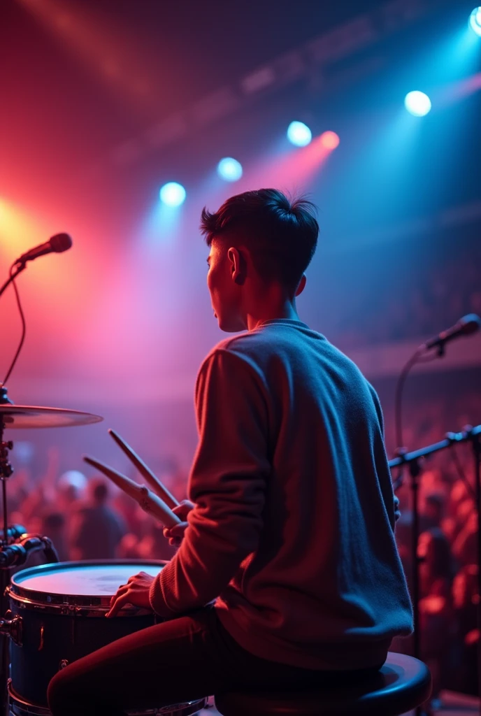 a Indonesian man wearing a sweater,haircut (short slicked back) ,Thin and short body (short), playing drums on stage at night,side angle , looks very real, 360 low angle photography, 8k