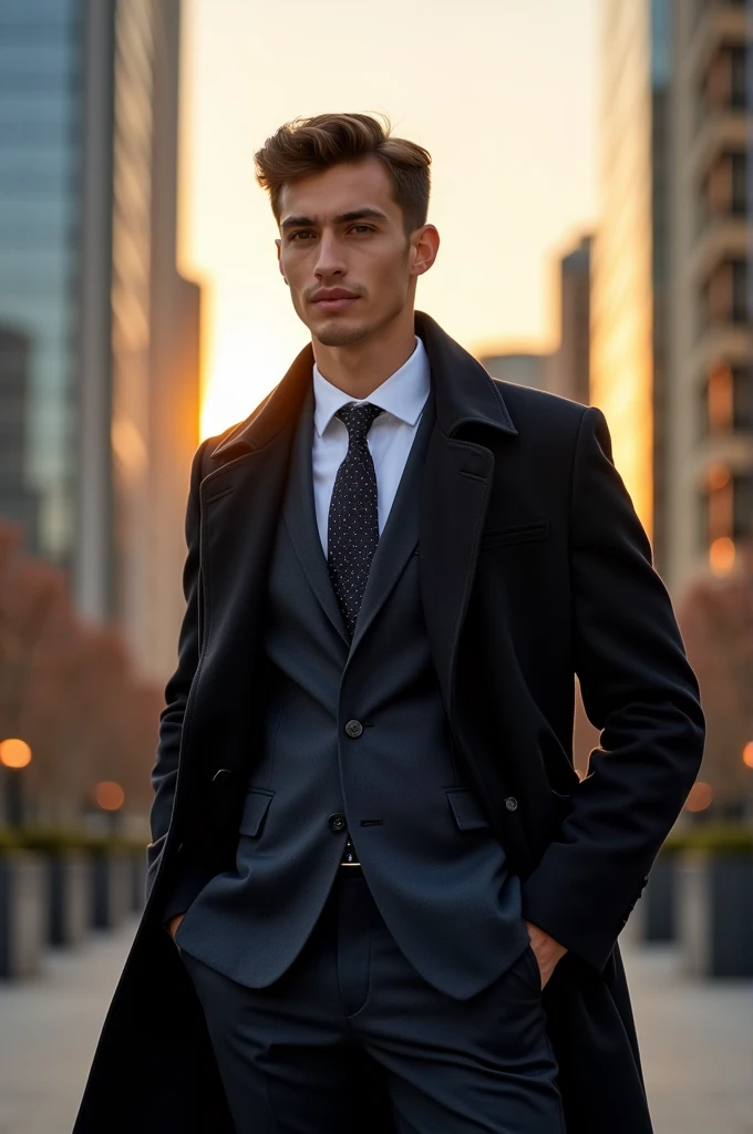 A 20 years old man wearing coat and pant suits