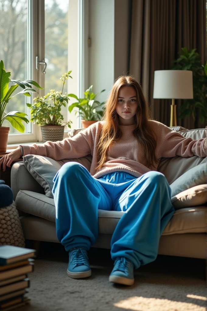 Greta thunberg,thick thighs,sitting on a couch,wearing juicy blue sweatpants,legs wide open,small age breasts