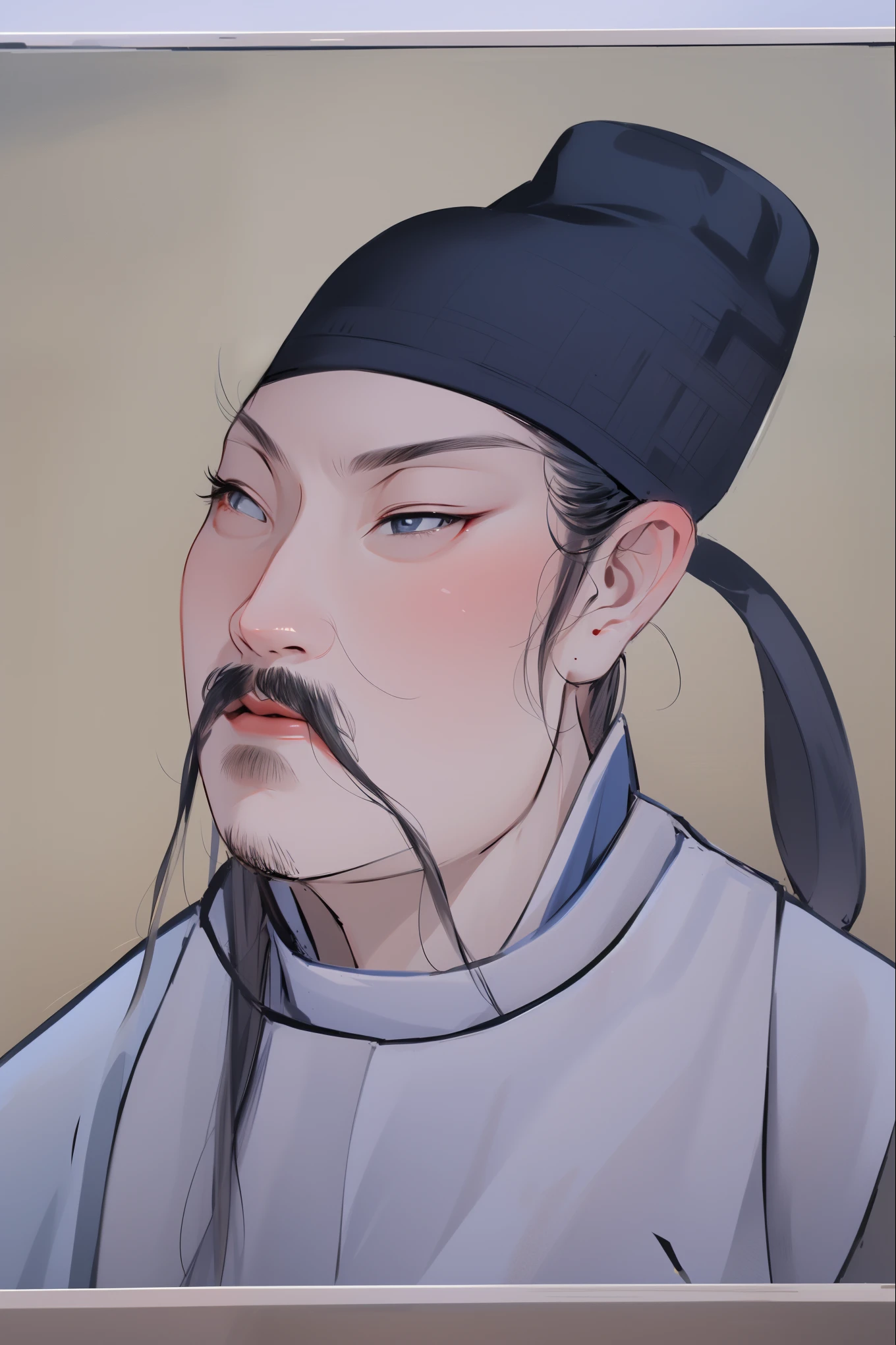 HD, (The finest details), (best quality), Disney, Li Bai，Ancient Chinese poet，1boy，Male focus，solo，Facial hair，hat，traditional media，Black Hair，Moustache，beard，Ponytail，Black headdress，Japanese Clothing，Upper body