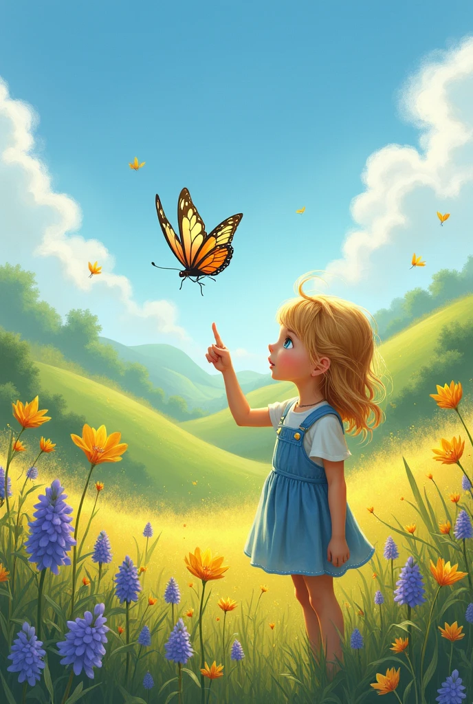 A Girl is pointing for butterfly and there is a shine from Butterfly 