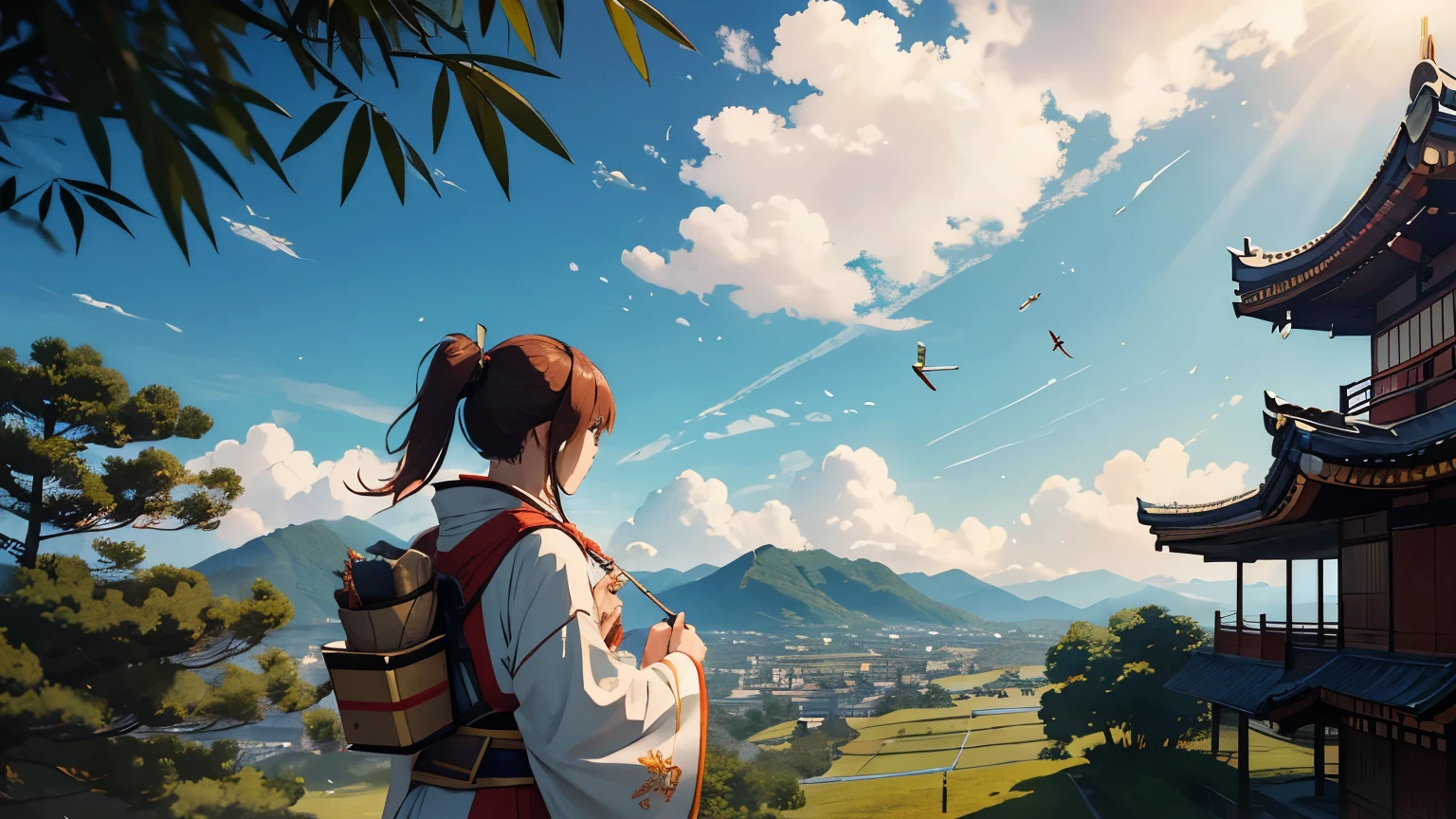 A strategic and innovative scene where Takeda Shingen stands on a high hill, overlooking an enemy camp far below. In his hand, he holds a small, kite-like device made of paper and bamboo, tethered to a long string. The kite is intricately designed, with symbols and patterns that suggest a mix of tradition and innovation. As the kite ascends into the sky, it provides 信玄 with a bird’s-eye view of the enemy's movements. The sky is clear, with a few fluffy clouds, and the sun casts a golden light over the landscape. Below, the enemy camp is bustling with activity, Unaware of Shingen's observation. The scene captures a blend of ancient tactics with a futuristic touch, emphasizing 信玄's forward-thinking approach to warfare. The colors are bright and natural, with a focus on the contrast between the green landscape and the clear blue sky.