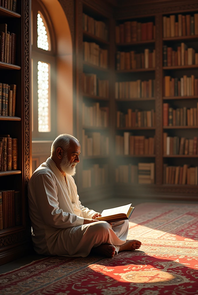 Pundit ji sitting in a library, surrounded by stacks of books, looking contemplative
