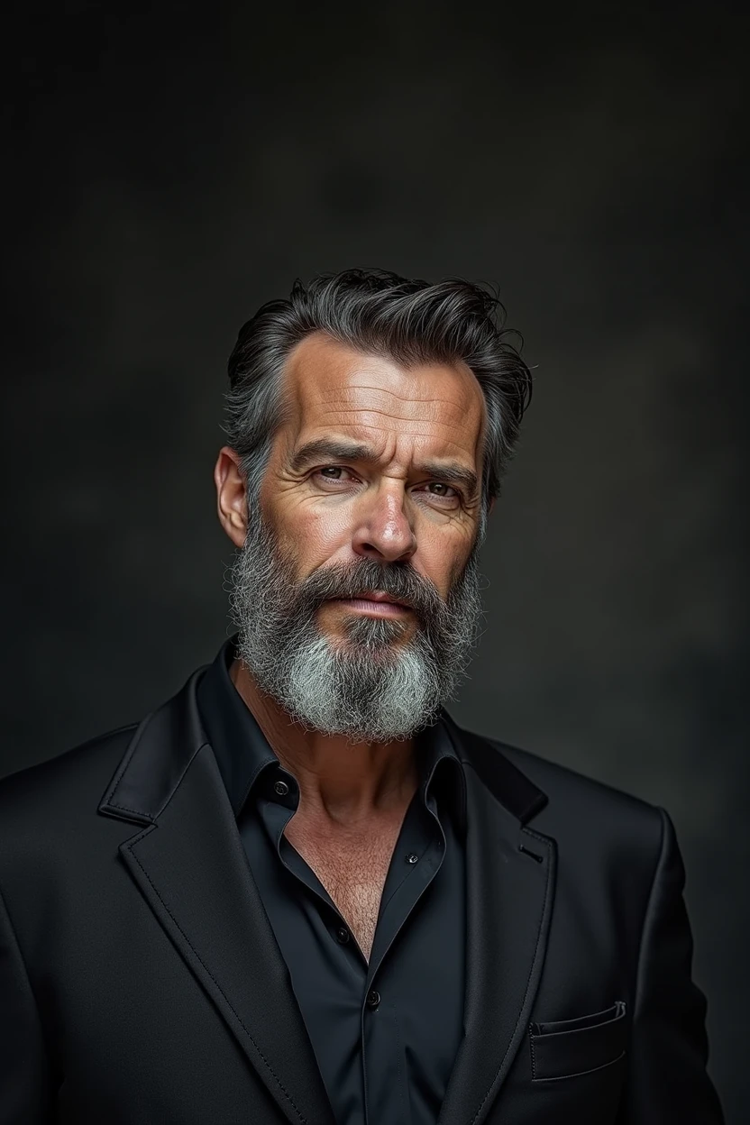  A man with a thick beard in his forties and thinning hair on the top of his head, wearing a black suit and a black shirt. A realistic, high-quality image. masterpiece,black background :1.5) , 8k , (atmospheric depth:1.2) , (vivid illuminlation:1.2) , (enchanting elegance:1.2) , portrait ,
