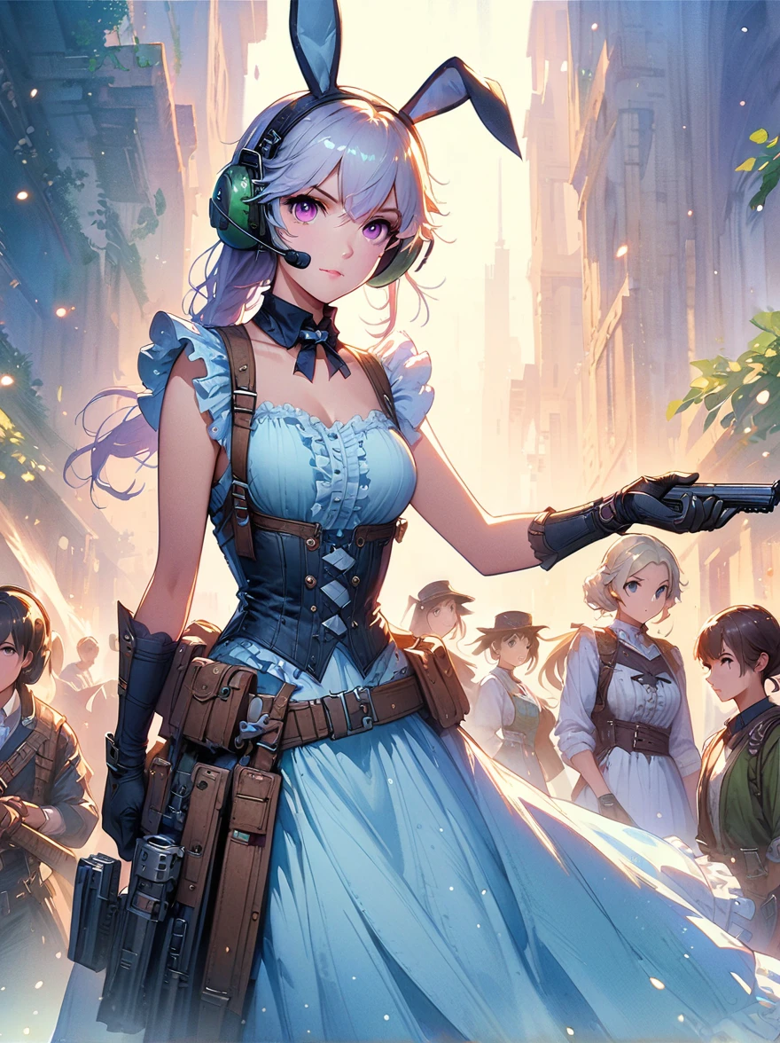 (((No arm frills)))Anime bunny-eared girl in long pale blue dress standing in plain background, Victorian dress, Long dress, White hair, Pink eyes, artwork in the style of guweiz, guweiz on pixiv artstation, guweiz on artstation pixiv, guweiz, 18-year-old girl, soft anime illustration, Anime visuals of cute girls, detailed digital anime art, (((No arm frills)))