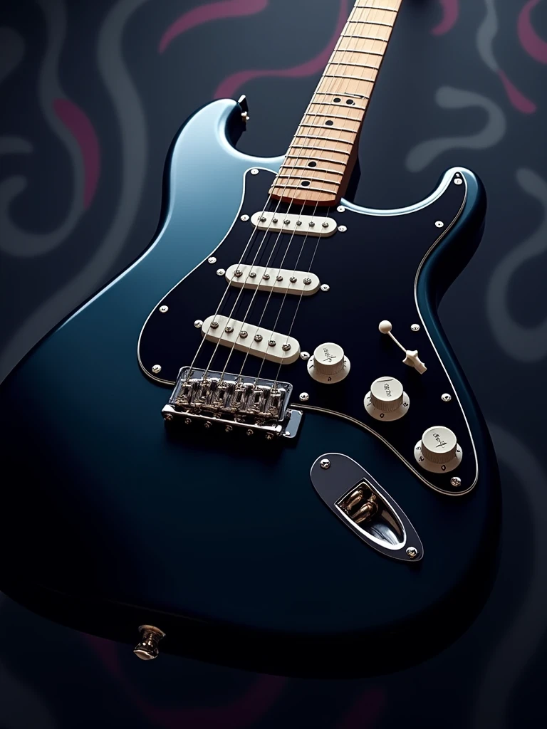 do an wallpaper for smartphone of eletronic guitar from fender black, with maple scale and black shield, 3 single coils and white buttons